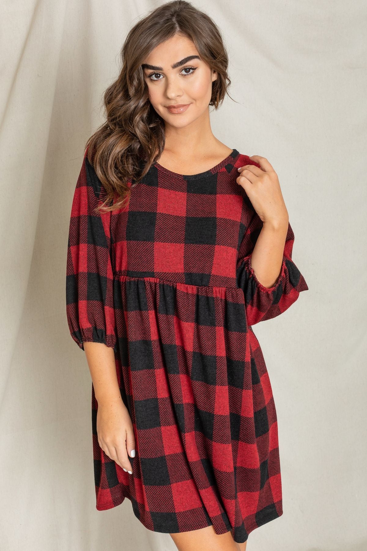 Red Buffalo Plaid 3/4 Sleeve Empire Waist Dress Large Red Buffalo Plaid 3/4 Sleeve Empire Waist Dress Large