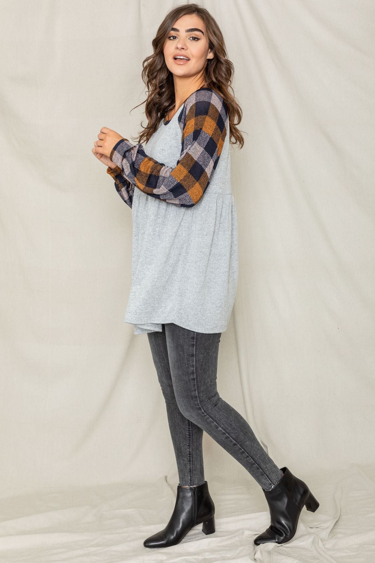 Grey Mustard Navy Checkered Raglan Bishop Sleeve Babydoll Tunic