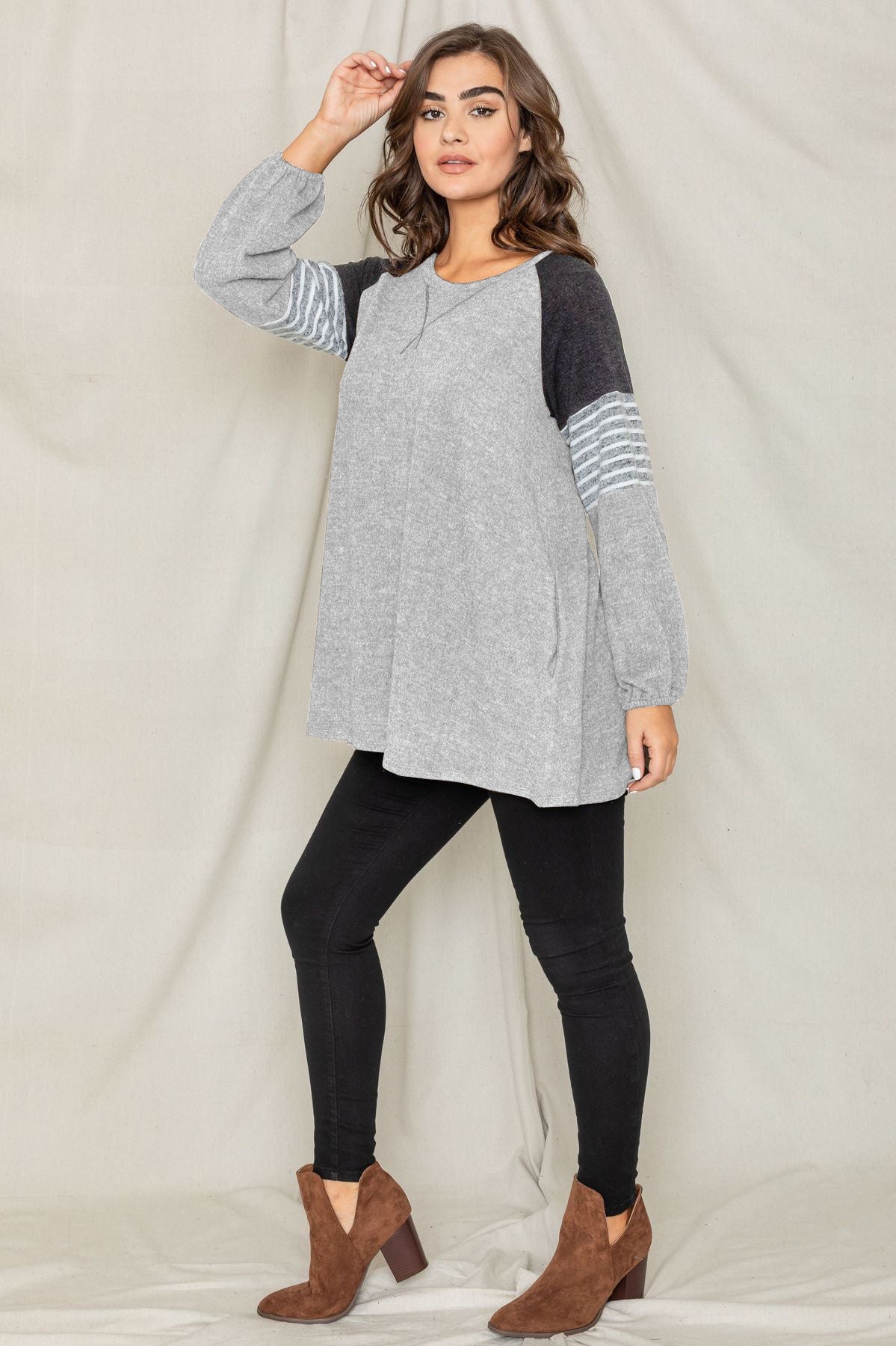 Grey Chrarcoal & Stripe Color Block Raglan Sleeve A-Line Tunic Dress Large