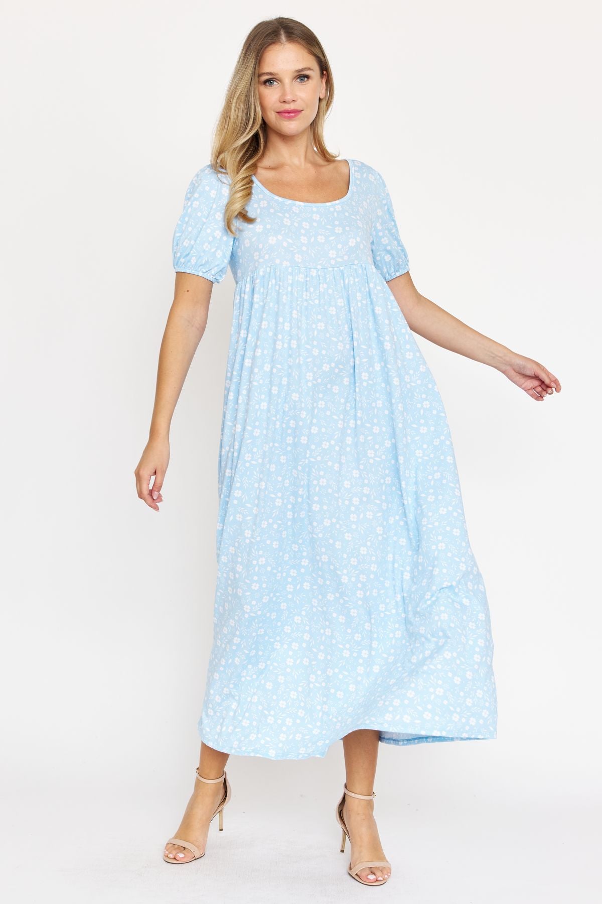 Blue Ditsy Floral Puff Sleeve Empire Waist Maxi Dress Medium Blue Ditsy Floral Puff Sleeve Empire Waist Maxi Dress Medium