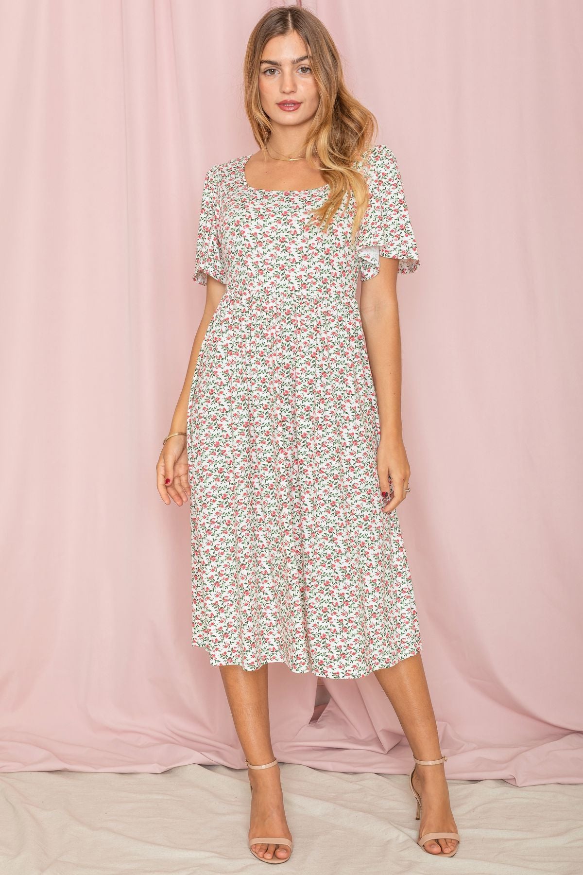 Ivory Ditsy Floral Butterfly Sleeve Square Neck Midi Dress Large Ivory Ditsy Floral Butterfly Sleeve Square Neck Midi Dress Large