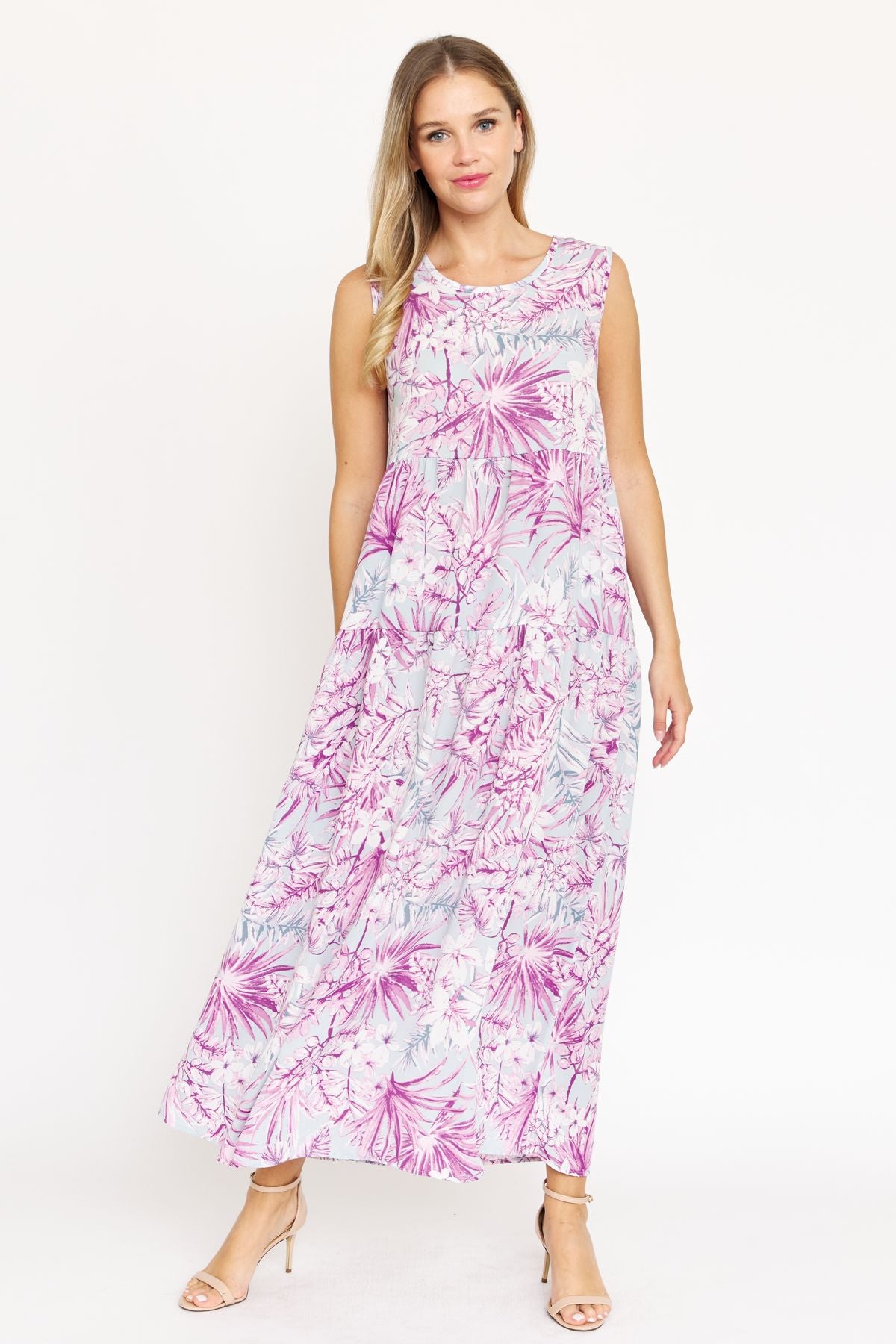 Purple Tropical Sleeveless Tiered Maxi Dress Large Purple Tropical Sleeveless Tiered Maxi Dress Large
