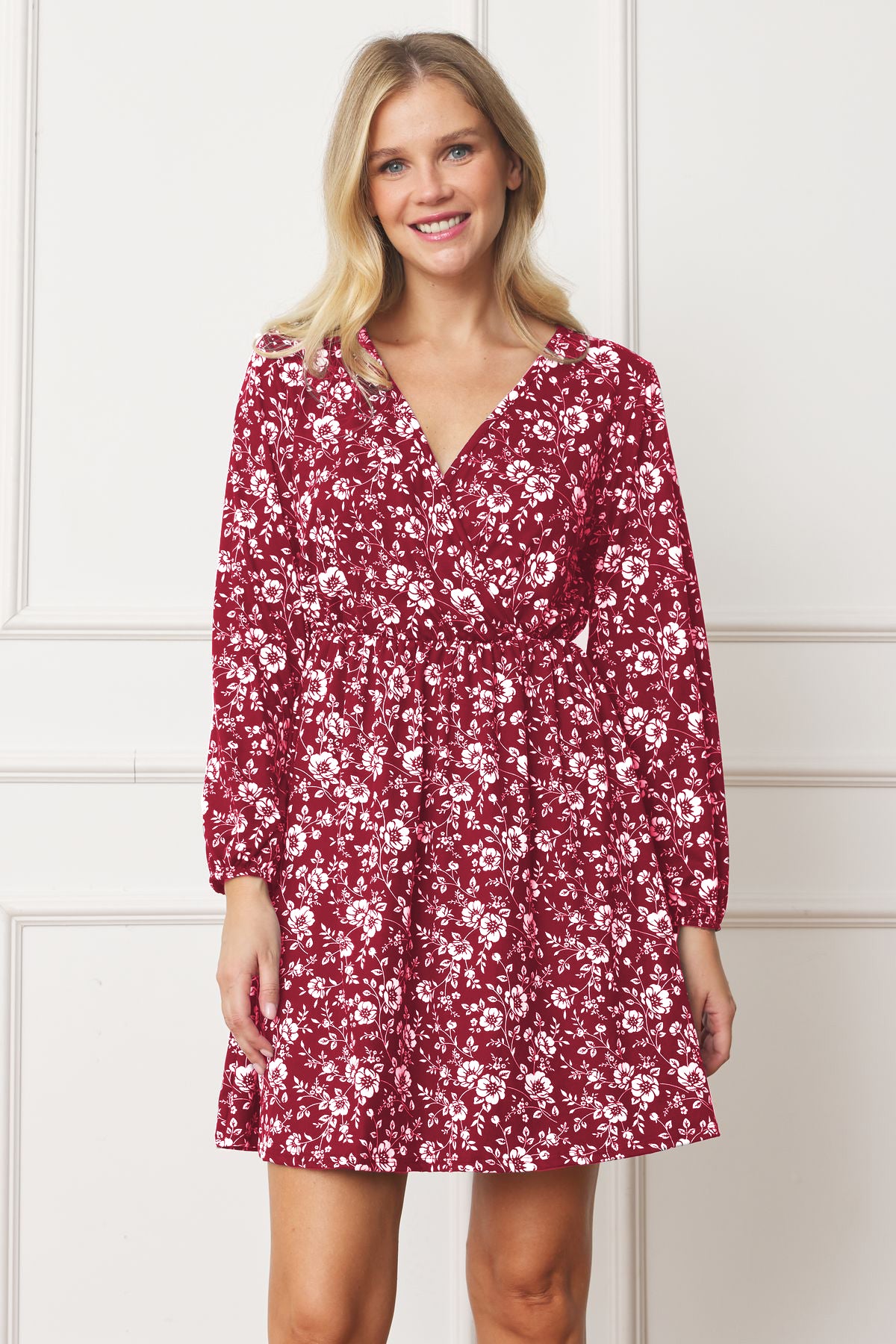 Burgundy Ditsy Floral Surplice Bishop Sleeve Dress Medium Burgundy Ditsy Floral Surplice Bishop Sleeve Dress Medium