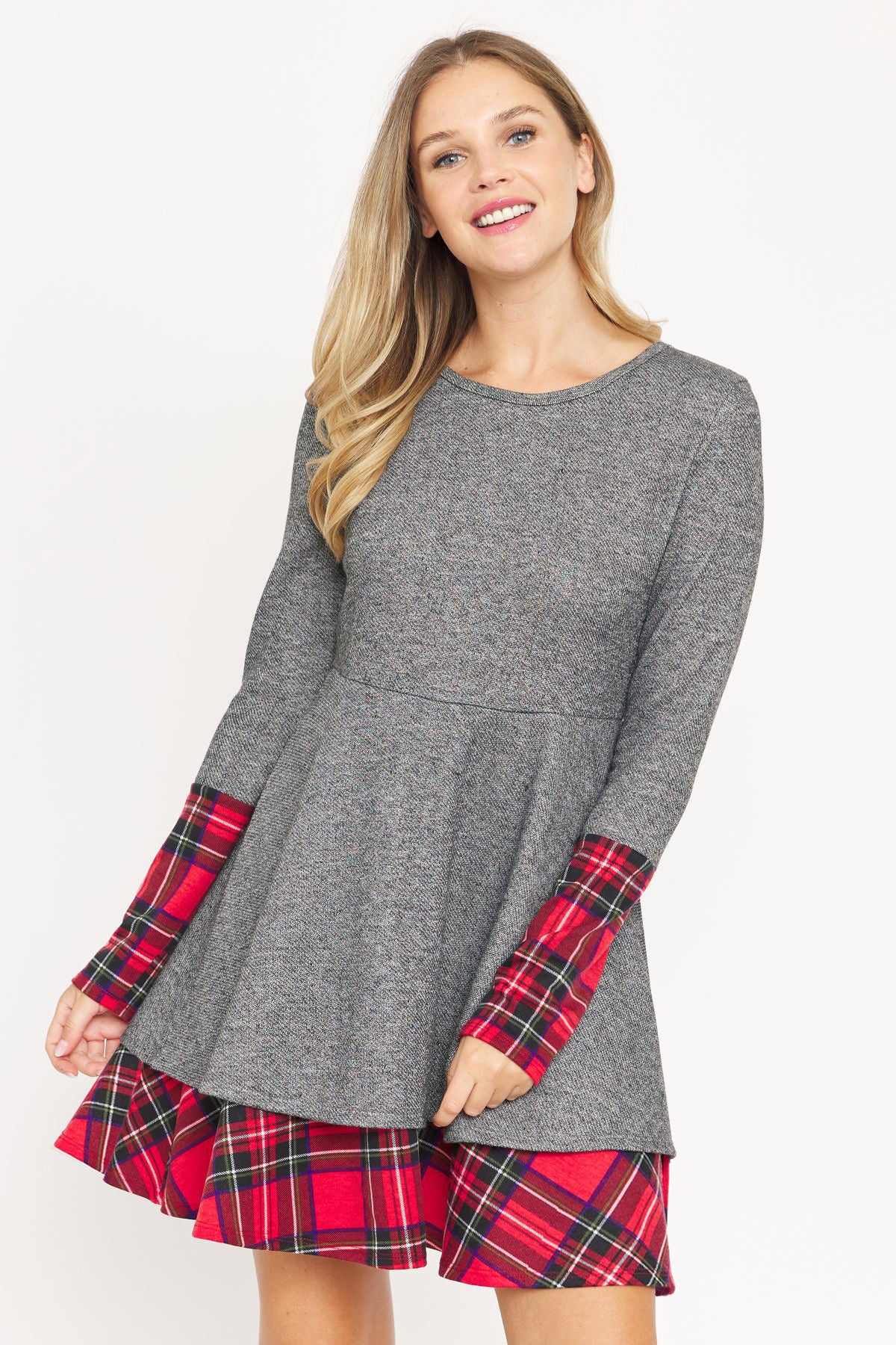 Charcoal Terry with Red Plaid Trim Accent Flare Dress Large Charcoal Terry with Red Plaid Trim Accent Flare Dress Large