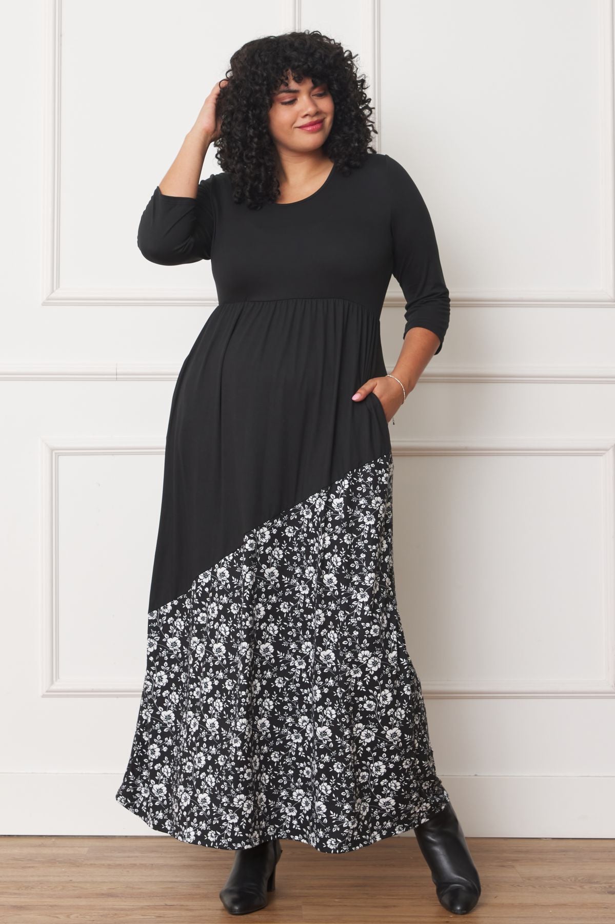 Black Contrast Asymmetrical Floral Accent 3/4 Sleeve Maxi Dress_Plus 1X Black Contrast Asymmetrical Floral Accent 3/4 Sleeve Maxi Dress_Plus 1X