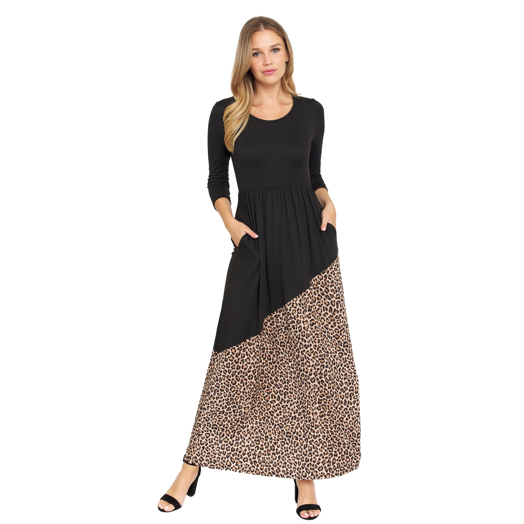 Eloges Women's 3/4 Sleeve Asymmetrical Color Block Maxi Dress Black/Leopard / 3X Eloges Women's 3/4 Sleeve Asymmetrical Color Block Maxi Dress Black/Leopard / 3X