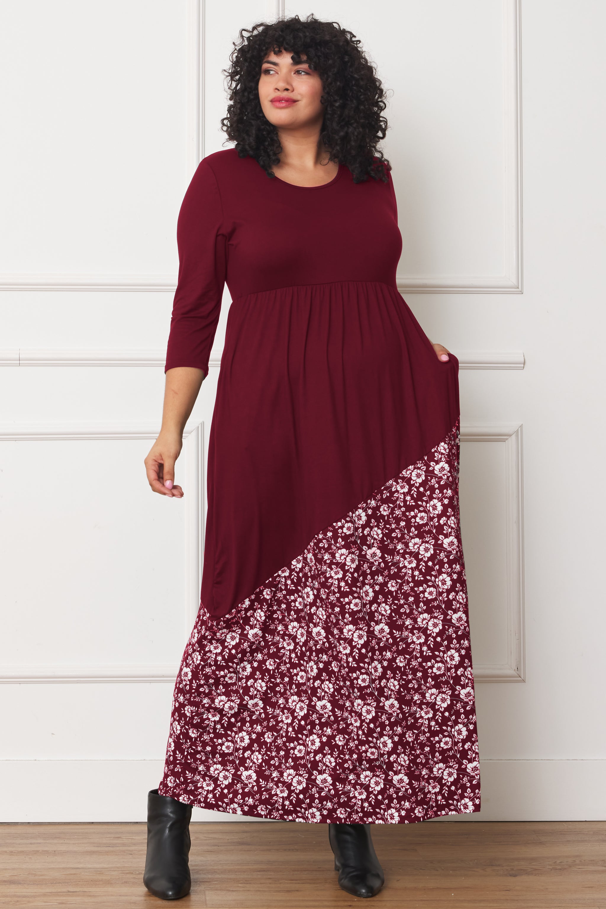 Burgundy Contrast Asymmetrical Floral Accent 3/4 Sleeve Maxi Dress_Plu loges Burgundy Contrast Asymmetrical Floral Accent 3/4 Sleeve Maxi Dress_Plu loges