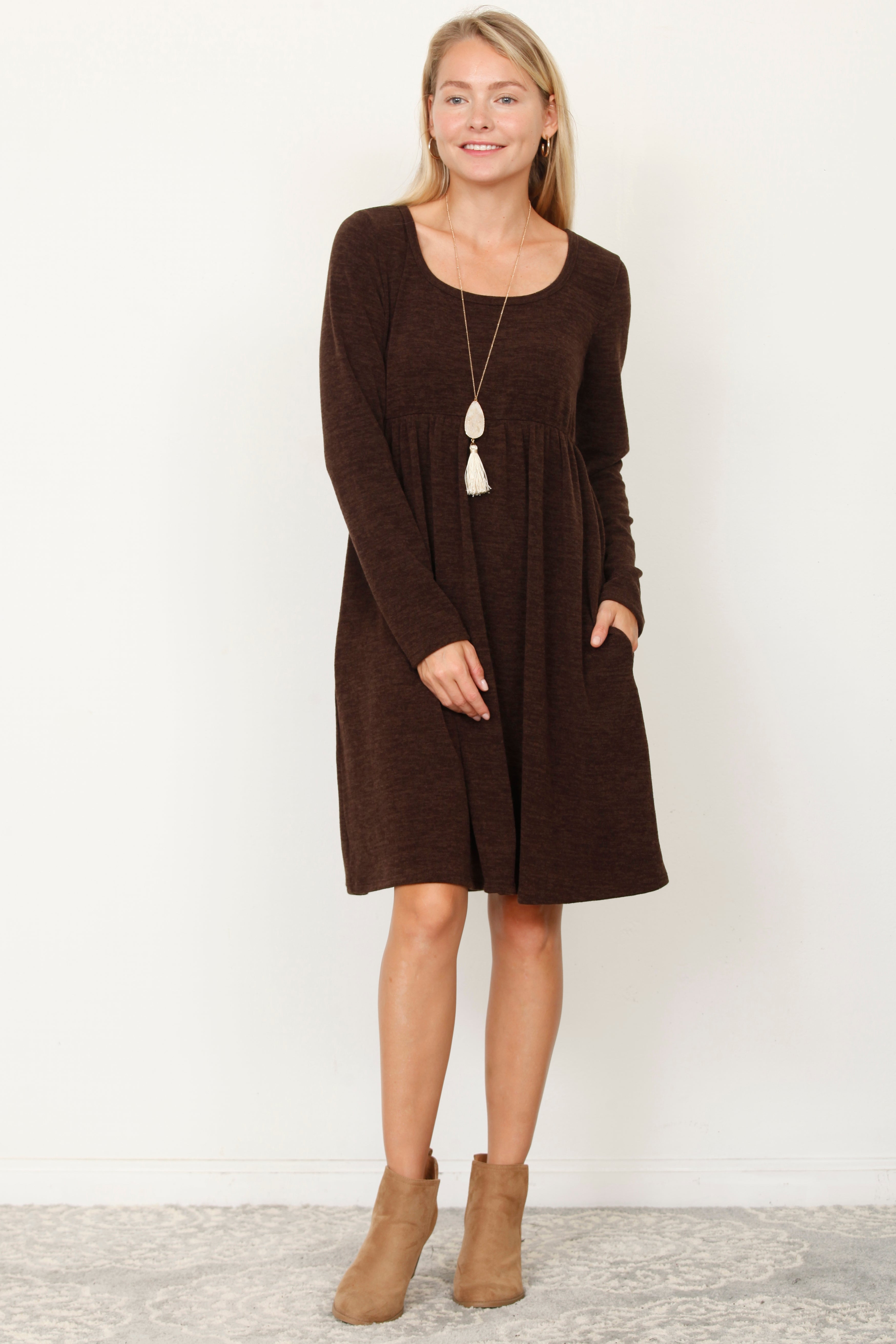 Brown Empire Waist Long Sleeve Dress Medium Brown Empire Waist Long Sleeve Dress Medium