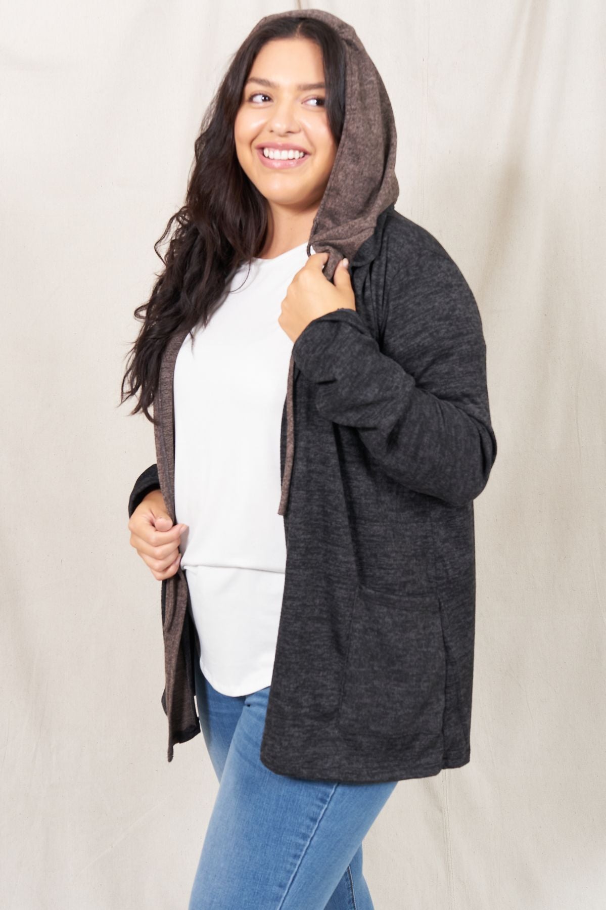 Charcoal & Coco Two Tone Hooded Cardigan_Plus – éloges