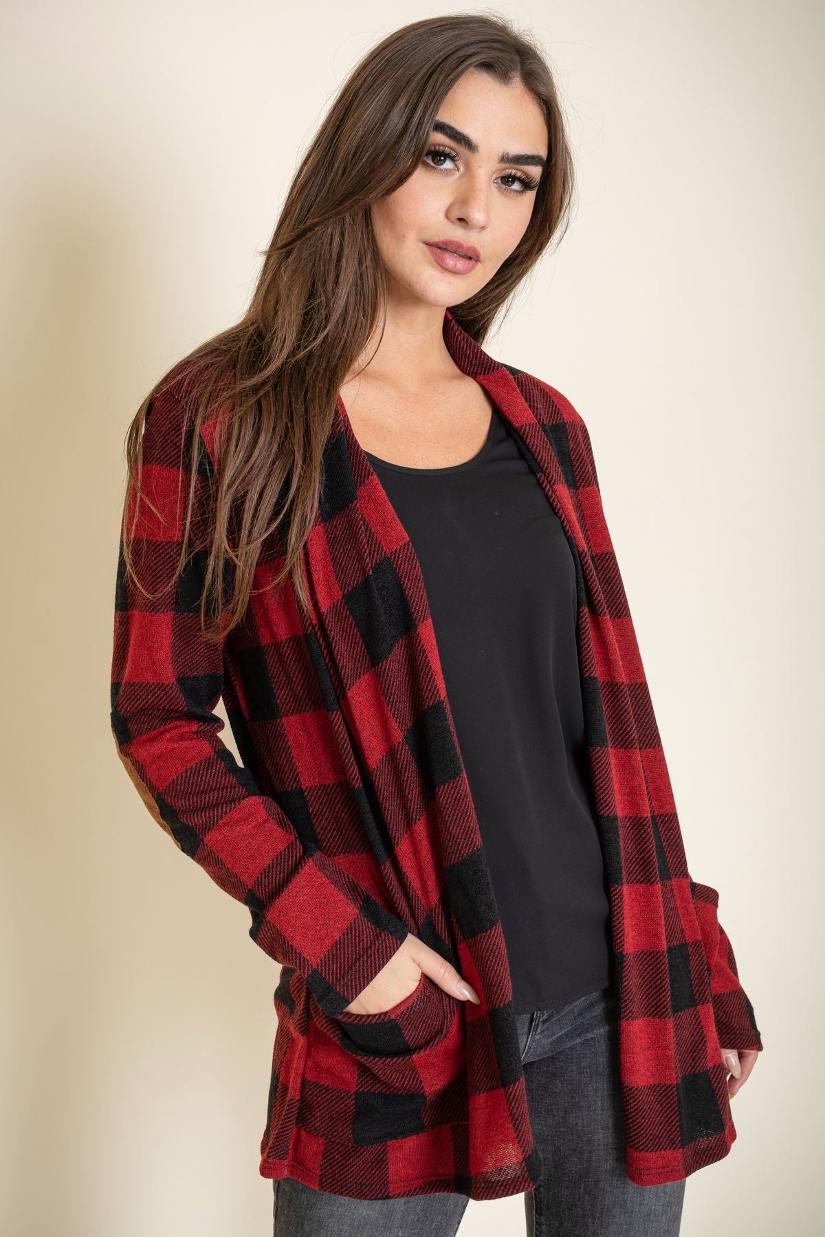 Red Buffalo Plaid Cardigan with Elbow Patch – éloges