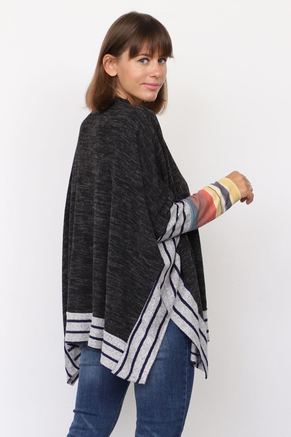Charcoal Brushed Soft Cape Style Poncho Tunic with Stripe Trim Water C ...