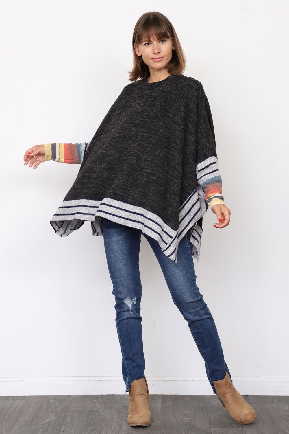 Charcoal Brushed Soft Cape Style Poncho Tunic with Stripe Trim Water C ...
