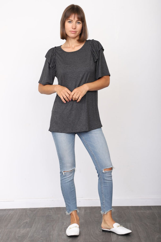 Solid Charcoal Short Sleeve Ruffle Accent Top – éloges