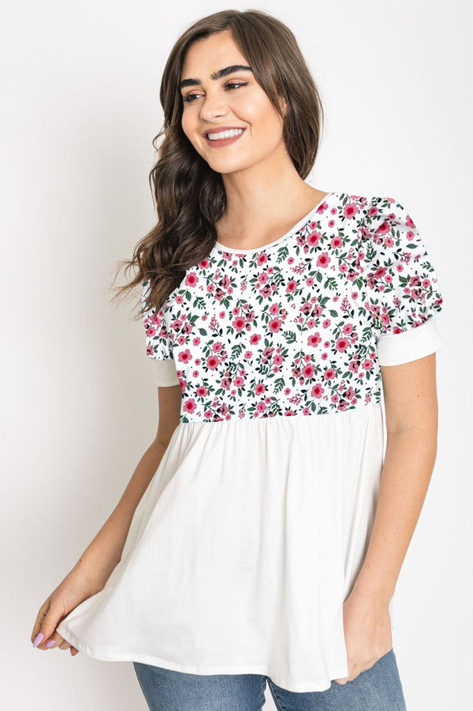 Ivory Ditsy Floral Puff Sleeve Babydoll Top_Plus – éloges