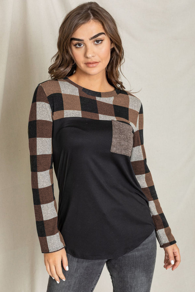 Contrast Brown Checkered Color Block Top with Chest Pocket – éloges