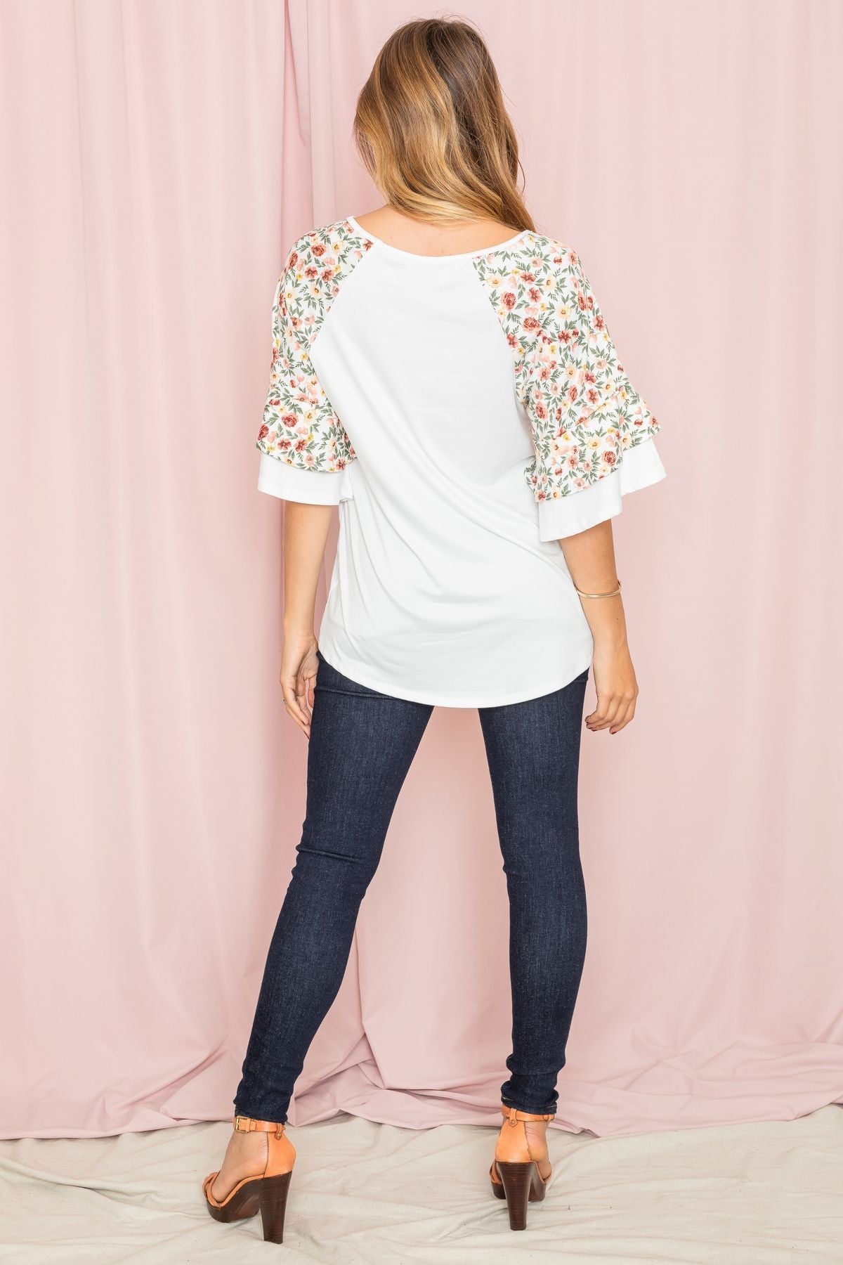 White Ditsy Floral Double Ruffle Sleeve Raglan Top_Plus – éloges