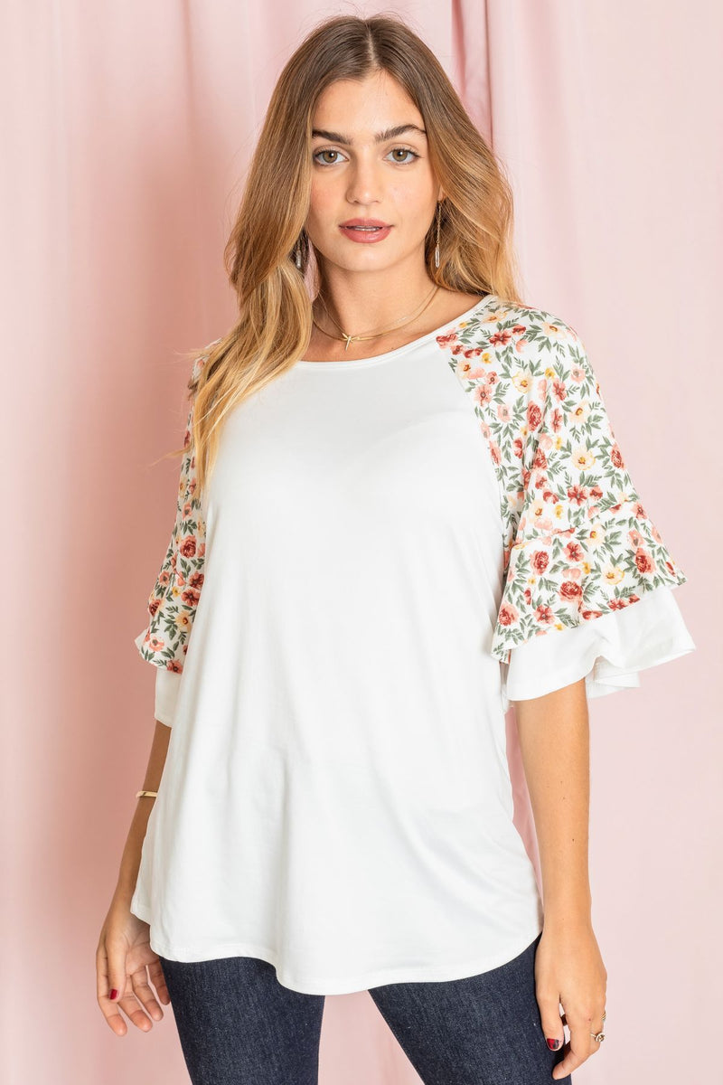 White Ditsy Floral Double Ruffle Sleeve Raglan Top – éloges