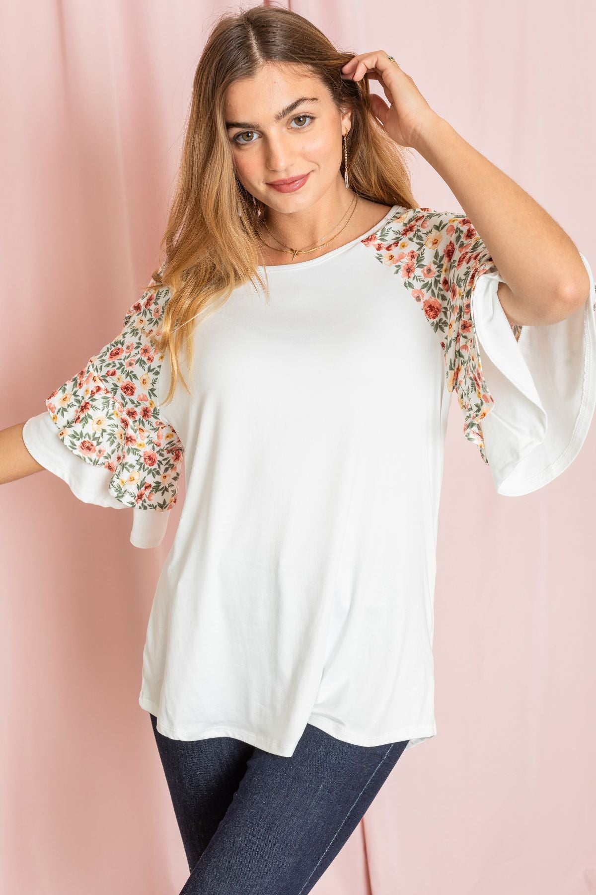 White Ditsy Floral Double Ruffle Sleeve Raglan Top_Plus – éloges