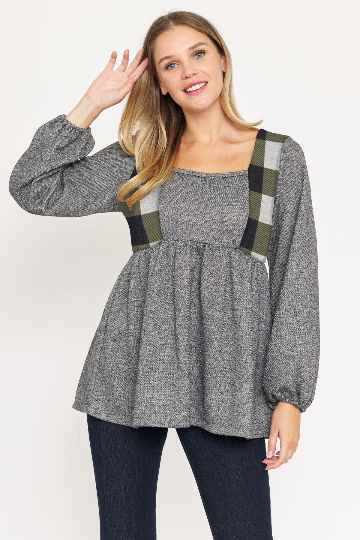 Olive Checkered Accent French Terry Babydoll Tunic – éloges
