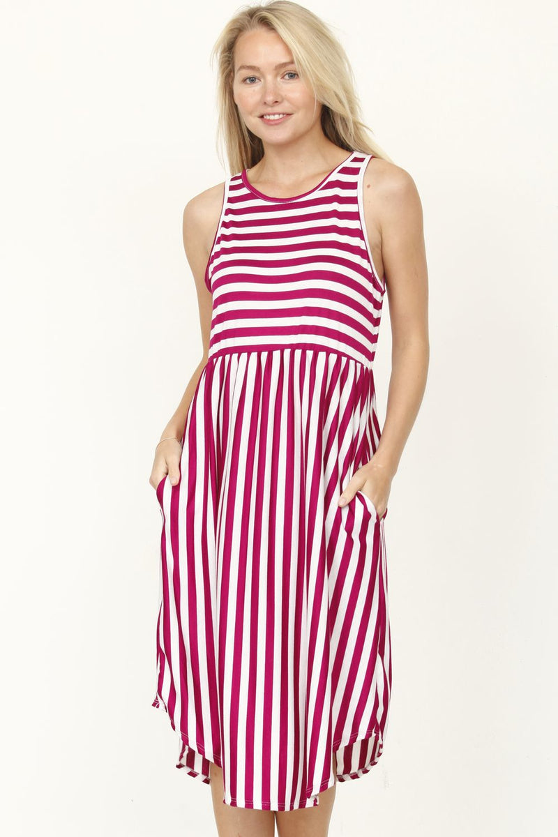 Magenta Stripe Sleeveless Midi Dress – éloges