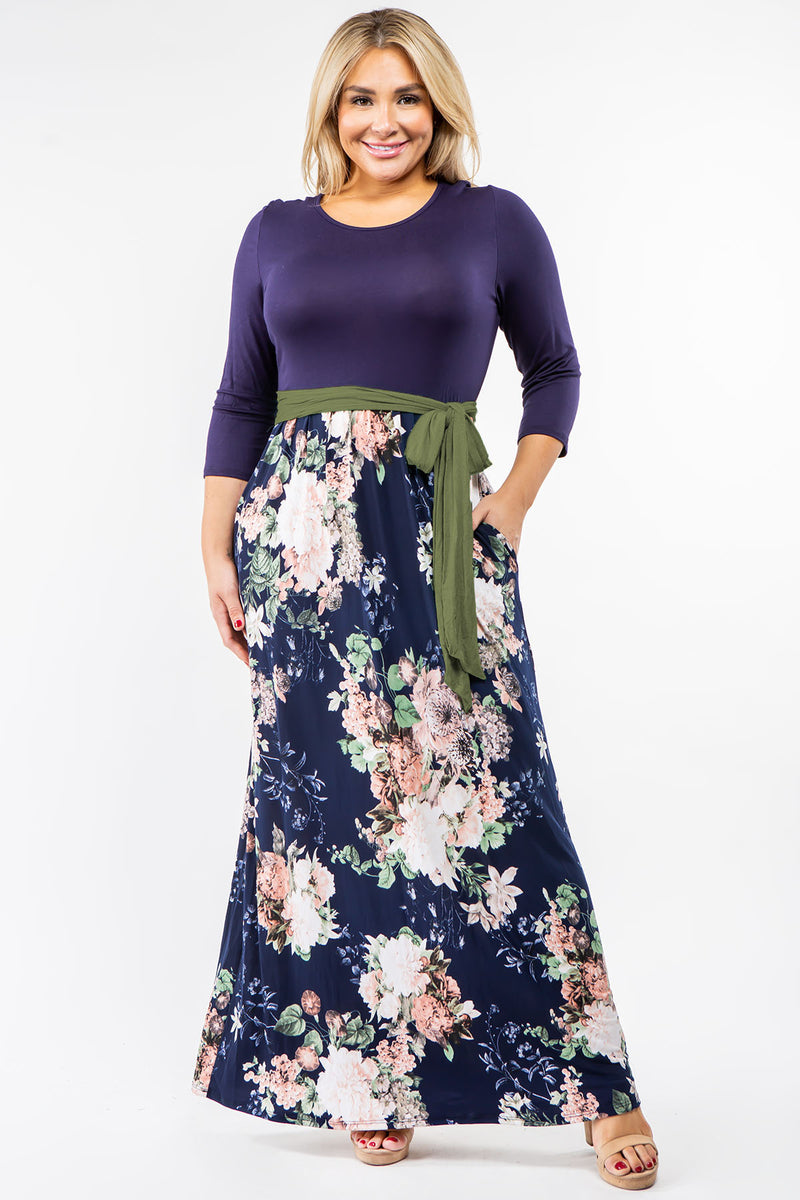 Navy Olive Green Sash Floral Maxi Dress_Plus – éloges