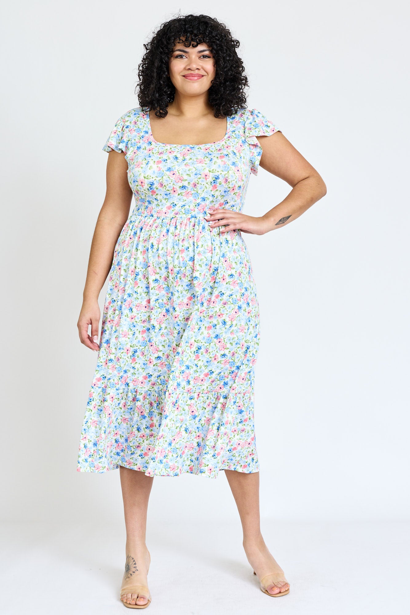 ditsy floral square neck midi dress EMERY ROSE Women's Summer Pink Floral Square Neck Midi Dress,Casual Holiday Party Ruffle Sleeve Smocked Sundress,Ditsy Floral Print Vacation Picnic Outfits