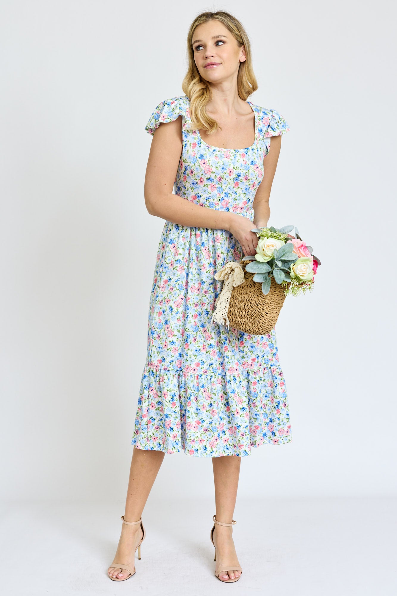 Ditsy Floral Flutter Cap Sleeve Square Neck Midi Dress | S-3X Ivory Pink Blue Ditsy / XLarge Ditsy Floral Flutter Cap Sleeve Square Neck Midi Dress | S-3X Ivory Pink Blue Ditsy / XLarge
