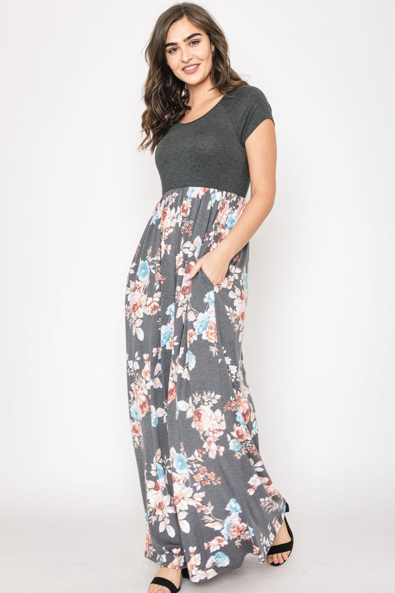 Charcoal Contrast Cap Sleeve Floral Maxi Dress_Plus – éloges