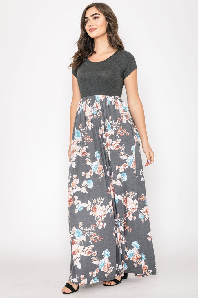 Charcoal Contrast Cap Sleeve Floral Maxi Dress – éloges