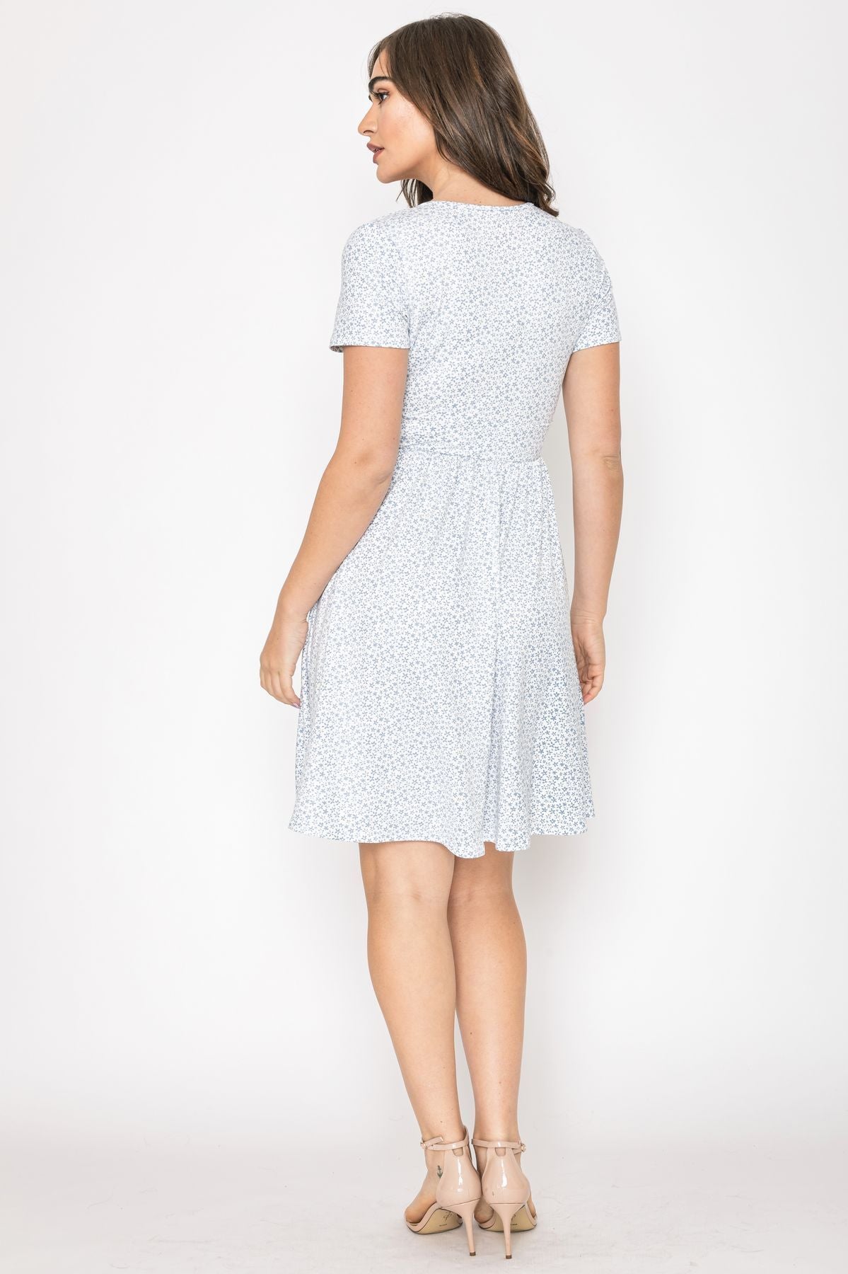 Light Blue Ditsy Floral Surplice Waist Band Flare Dress_Plus – éloges