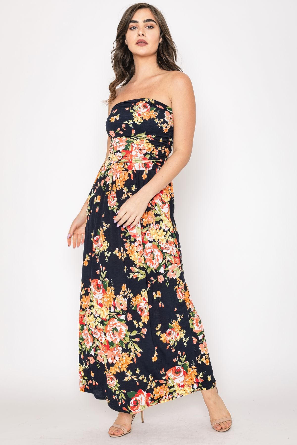 fitted lace wedding dress Navy & Coral Floral Tube Top Maxi Dress Large fitted lace wedding dress Navy & Coral Floral Tube Top Maxi Dress Large