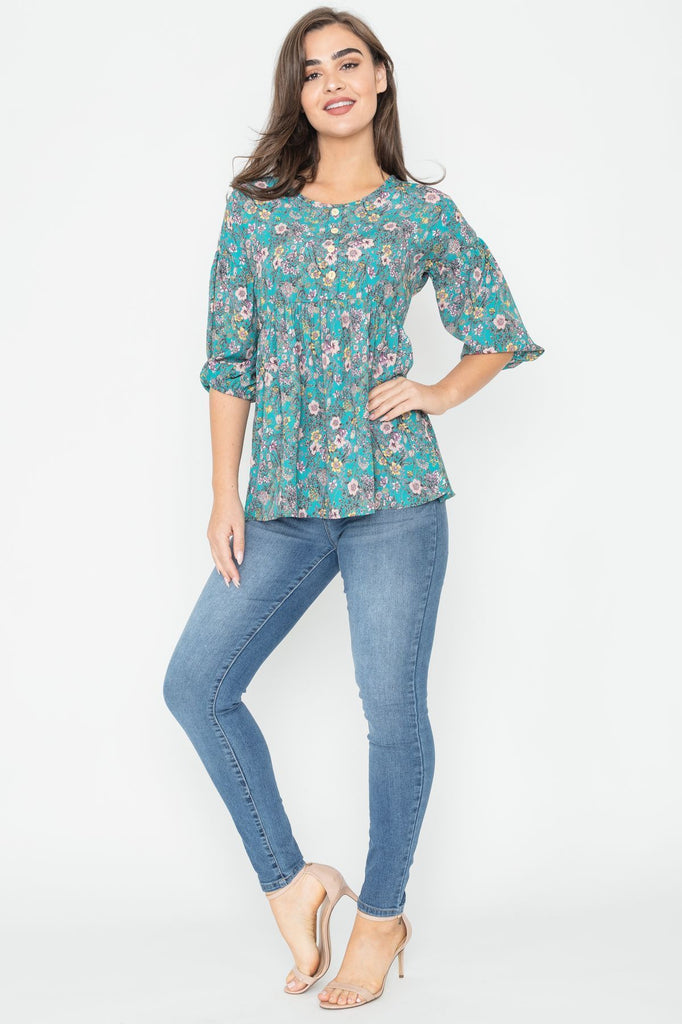 Teal Ditsy Floral 3/4 Sleeve Babydoll Button Accent Top – éloges