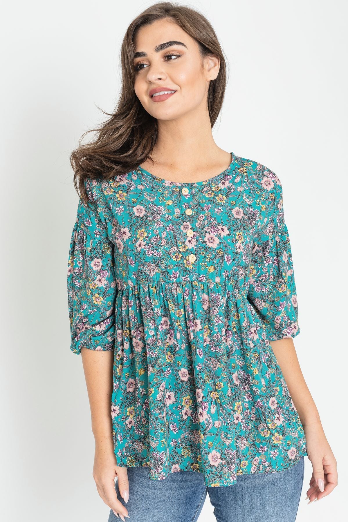 Teal Ditsy Floral 3/4 Sleeve Babydoll Button Accent Top – éloges