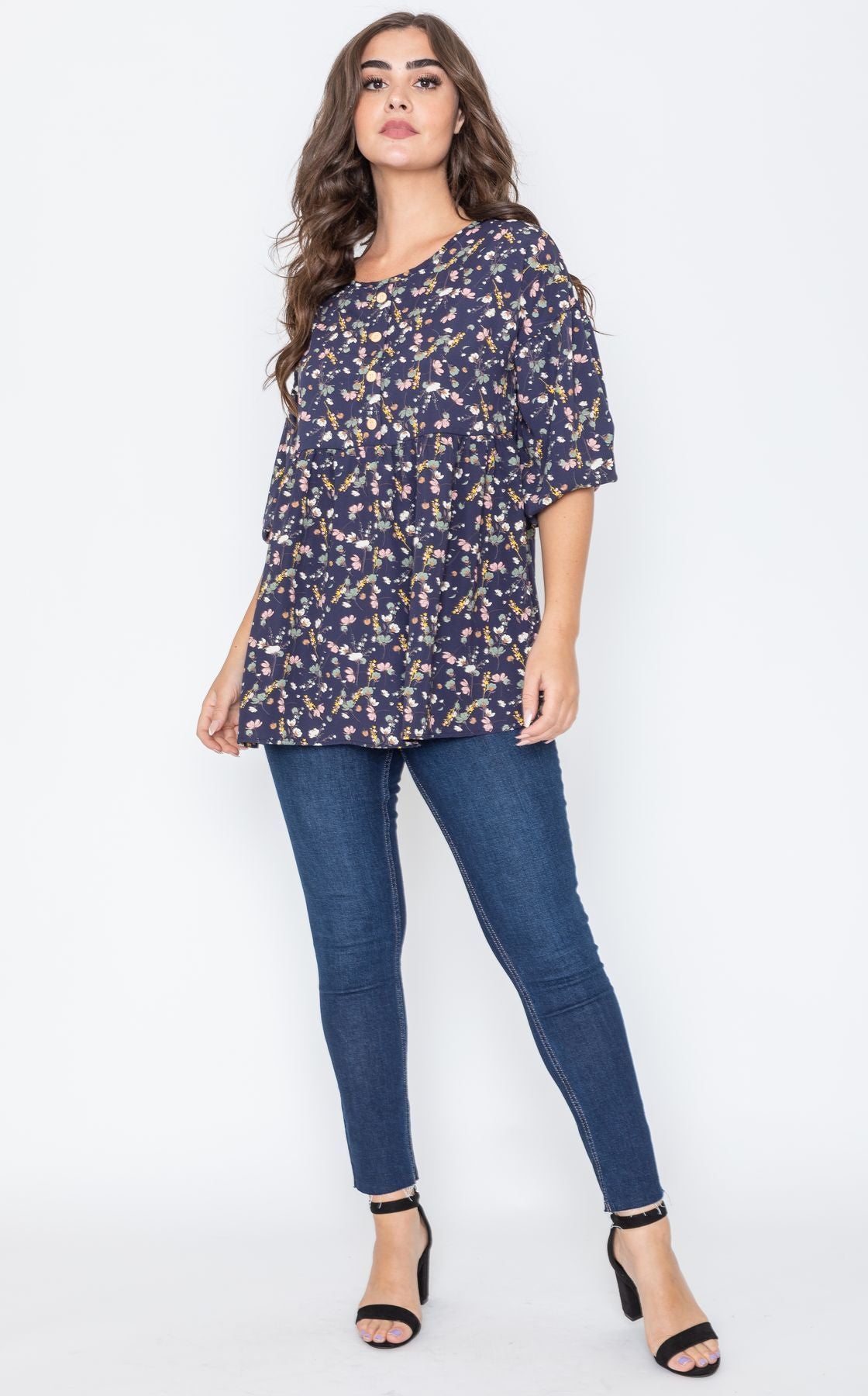 Navy Ditsy Floral 3/4 Sleeve Babydoll Button Accent Top – éloges