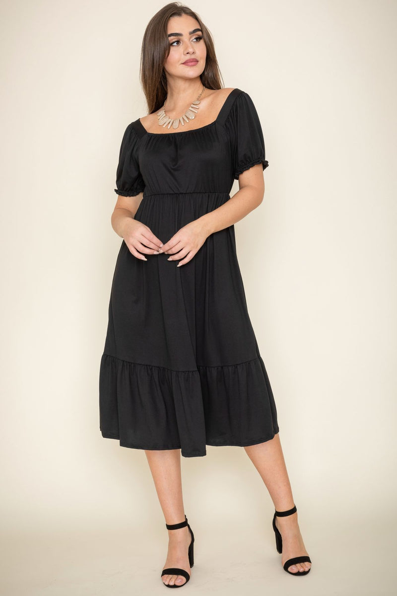 Solid Black Square Neck Ruffle Hem Midi Dress – éloges