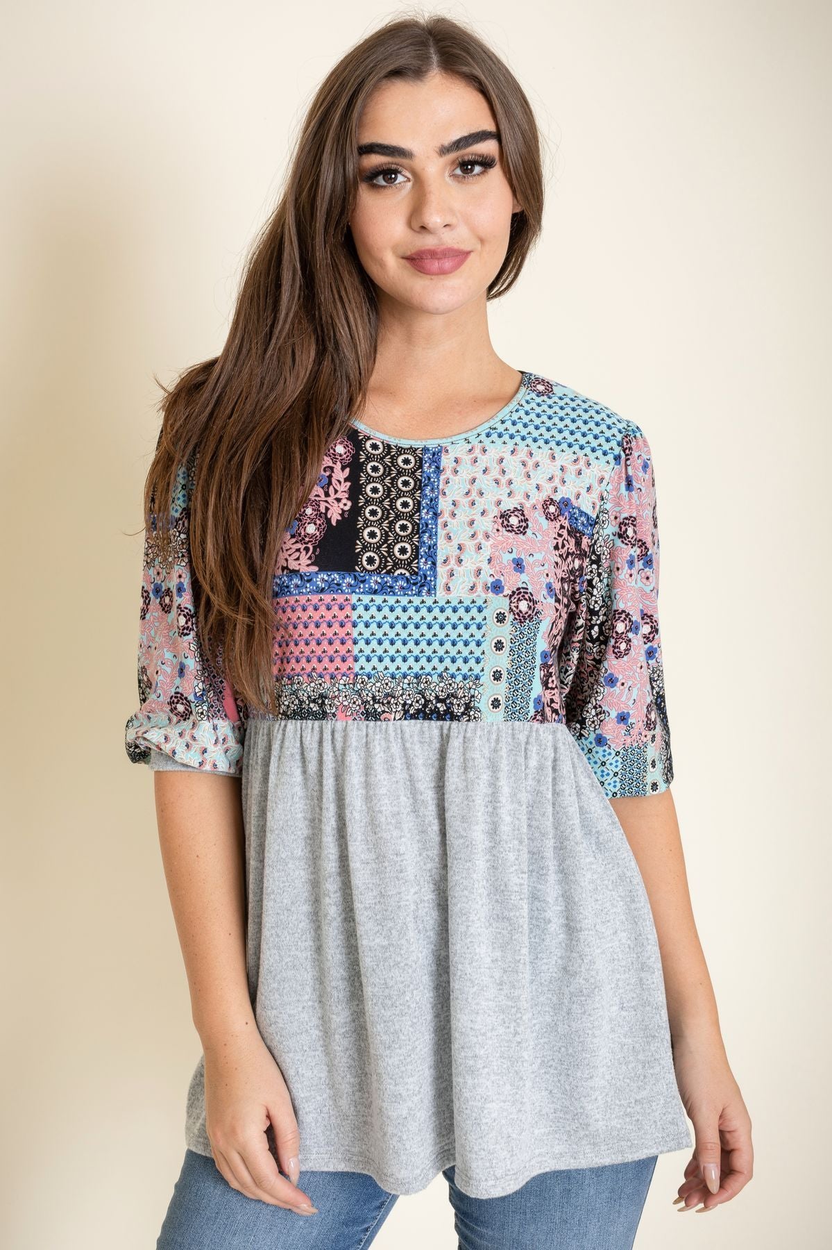3/4 Sleeve Grey Contrast Patchwork Printed Tunic – éloges