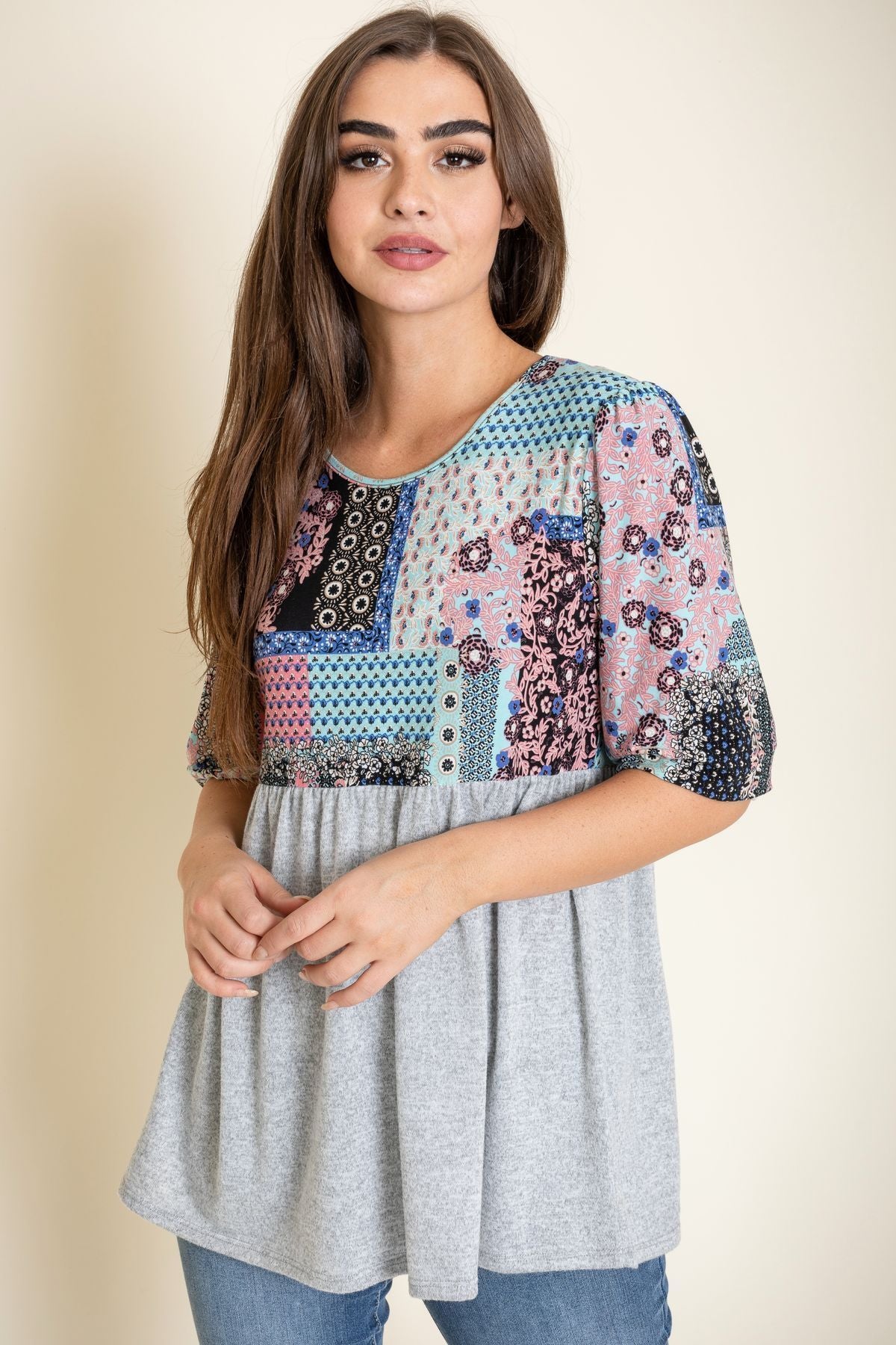 3/4 Sleeve Grey Contrast Patchwork Printed Tunic – éloges