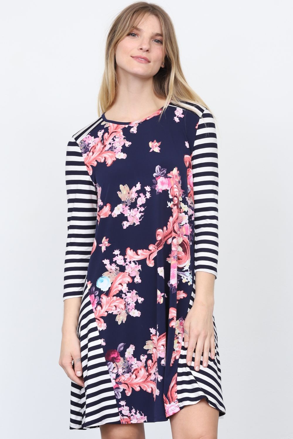 floral stripe mini dress Navy Pink Floral Stripe Sleeve Mini Dress Small