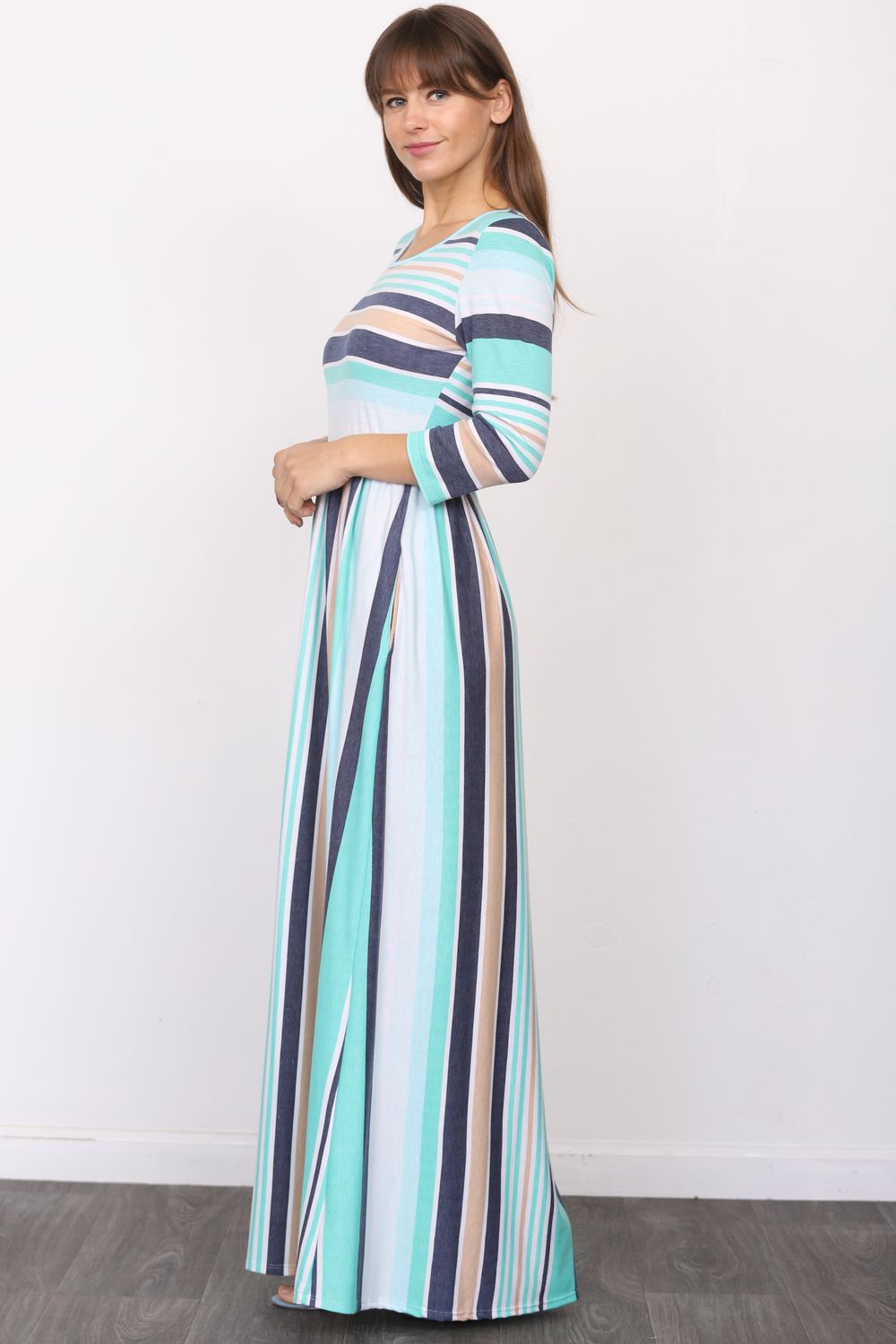 Aqua & Navy Stripe 3/4 Sleeve Maxi Dress Large Aqua & Navy Stripe 3/4 Sleeve Maxi Dress Large