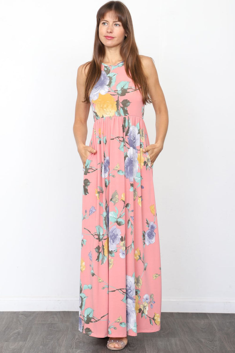 Coral Pink Floral Sleeveless Maxi Dress – éloges