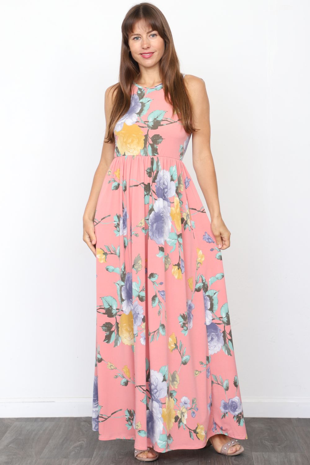 Coral Pink Floral Sleeveless Maxi Dress – éloges