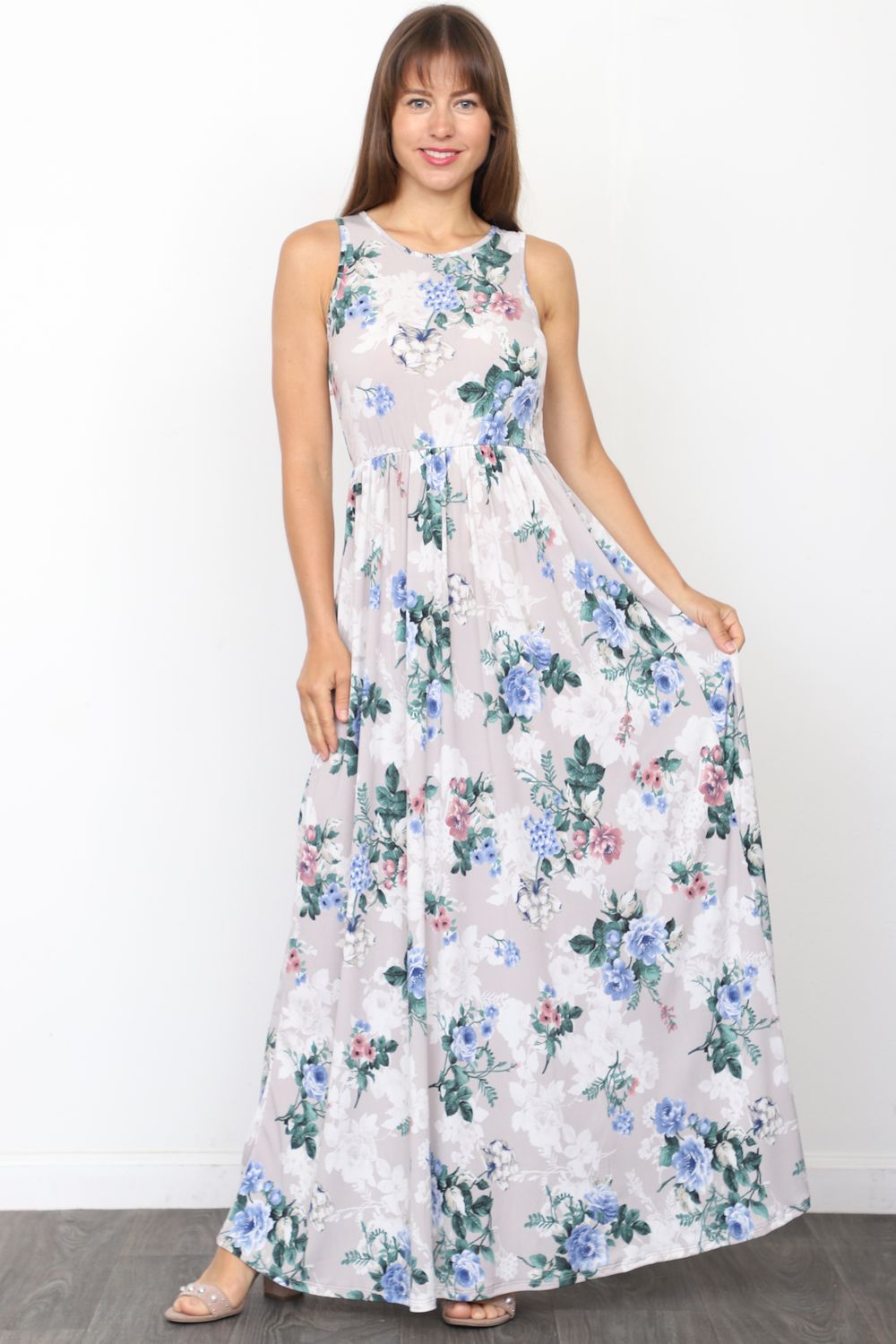 Grey Floral Sleeveless Maxi Dress – éloges