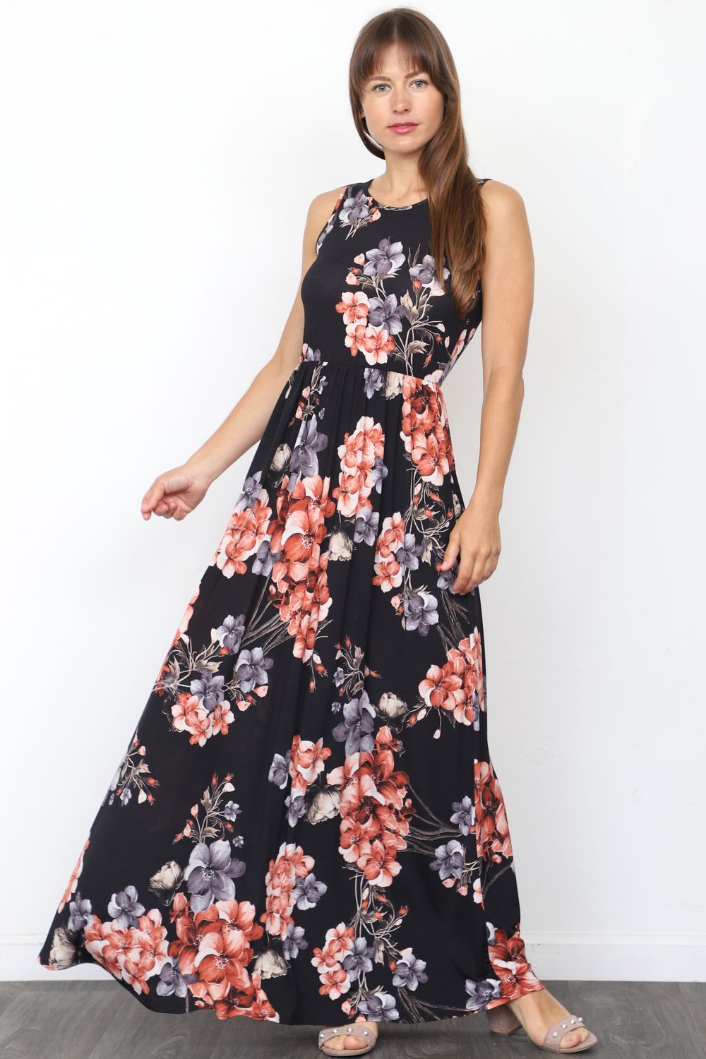 Black & Red Floral Sleeveless Maxi Dress – éloges