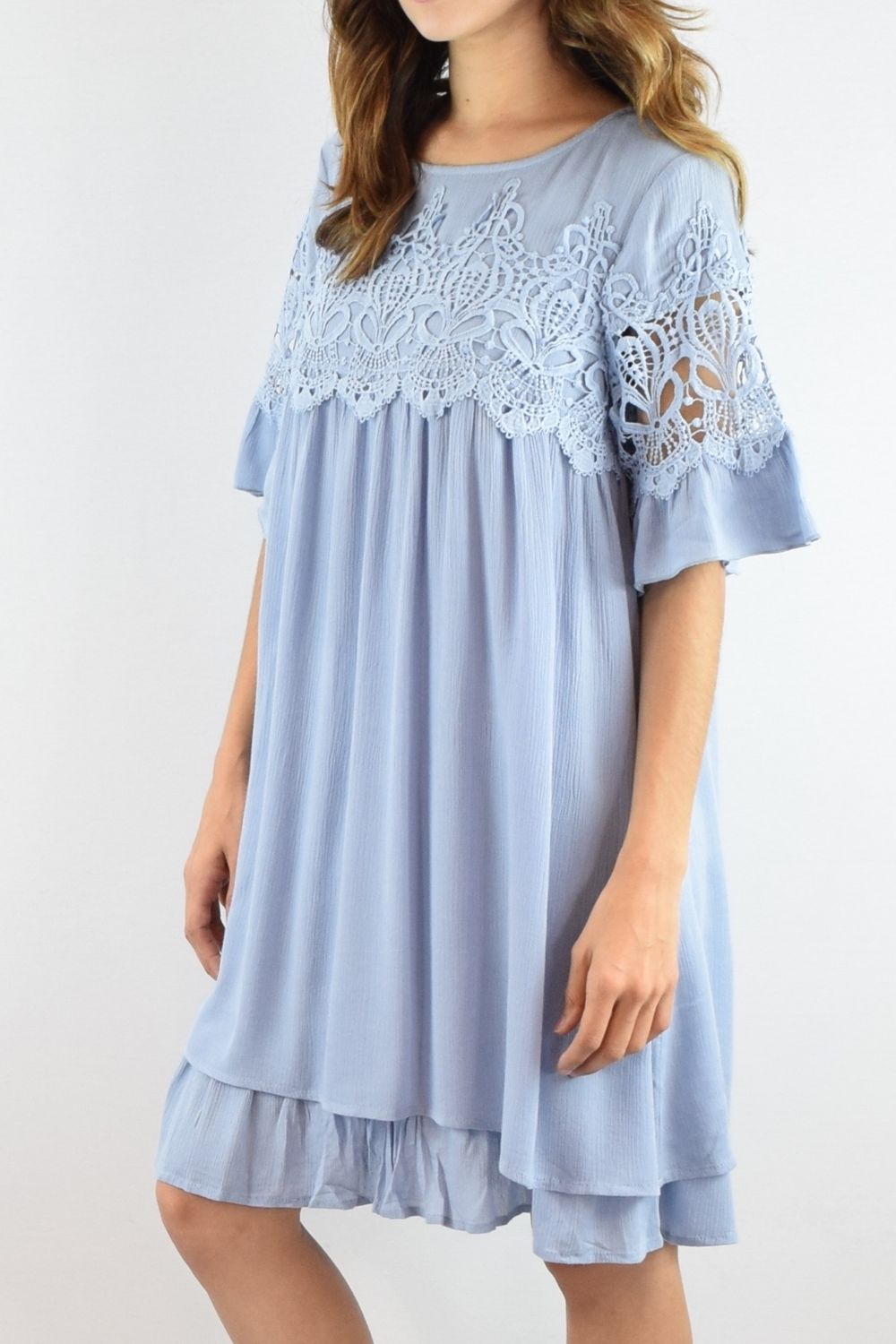 Pastel Blue Ruffle Mini Dress with Crochet Panel Small Pastel Blue Ruffle Mini Dress with Crochet Panel Small