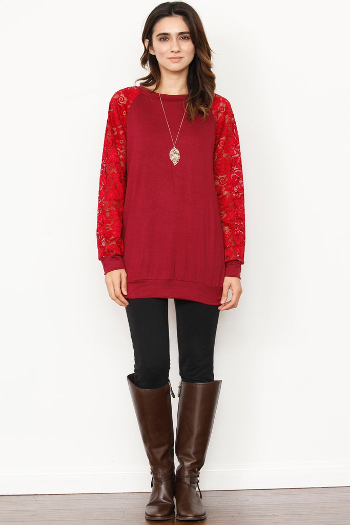 Burgundy Lace Sleeve Raglan Tunic – éloges