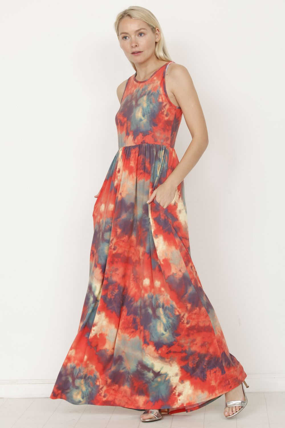 Coral & Teal Tie Dye Sleeveless Maxi Dress Small Coral & Teal Tie Dye Sleeveless Maxi Dress Small