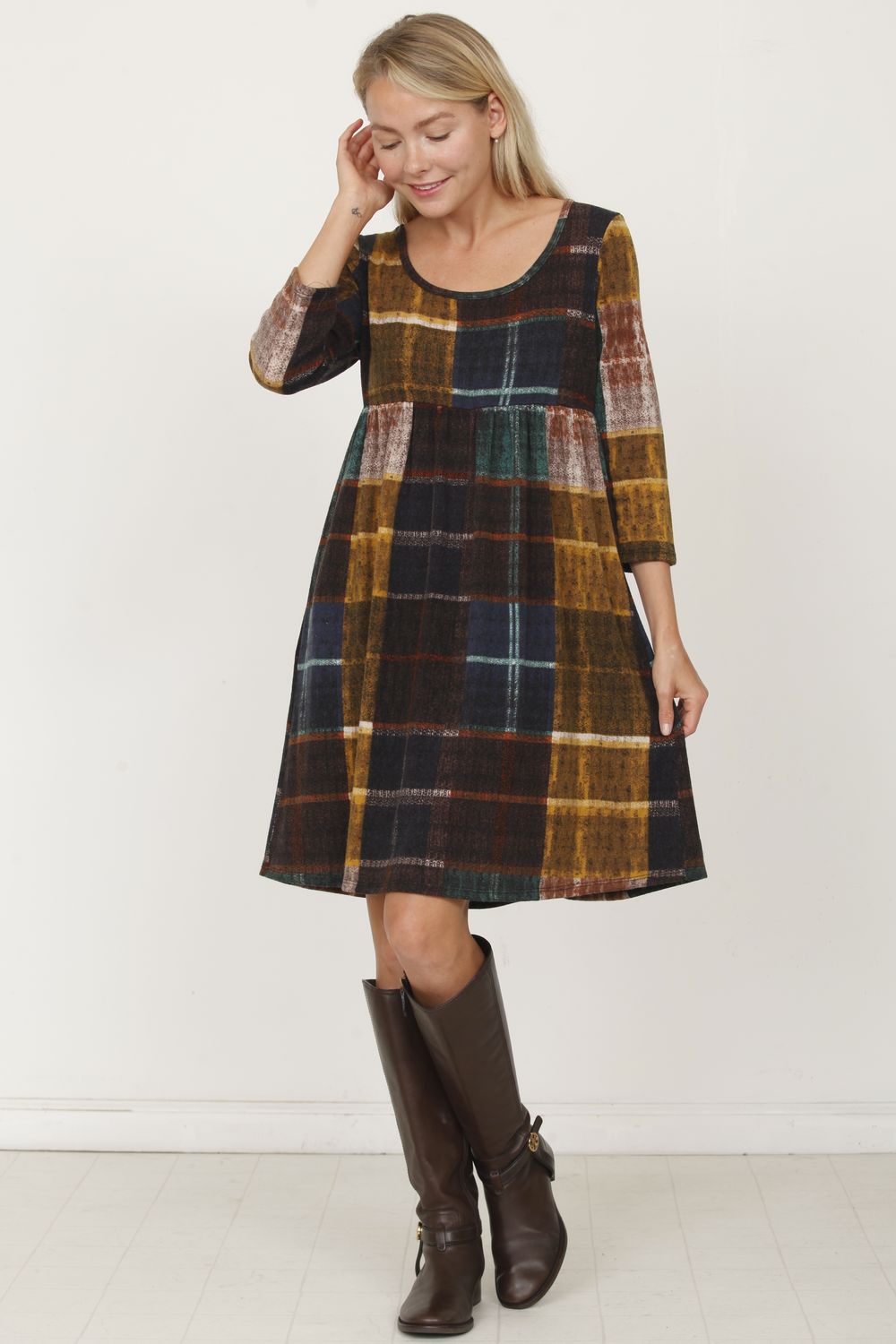 Mustard Rust Windowpane Plaid Empire-Waist Dress Medium Mustard Rust Windowpane Plaid Empire-Waist Dress Medium