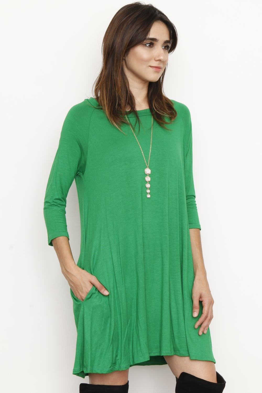 Kelly Green 3/4 Sleeve Swing Tunic Dress Medium Kelly Green 3/4 Sleeve Swing Tunic Dress Medium