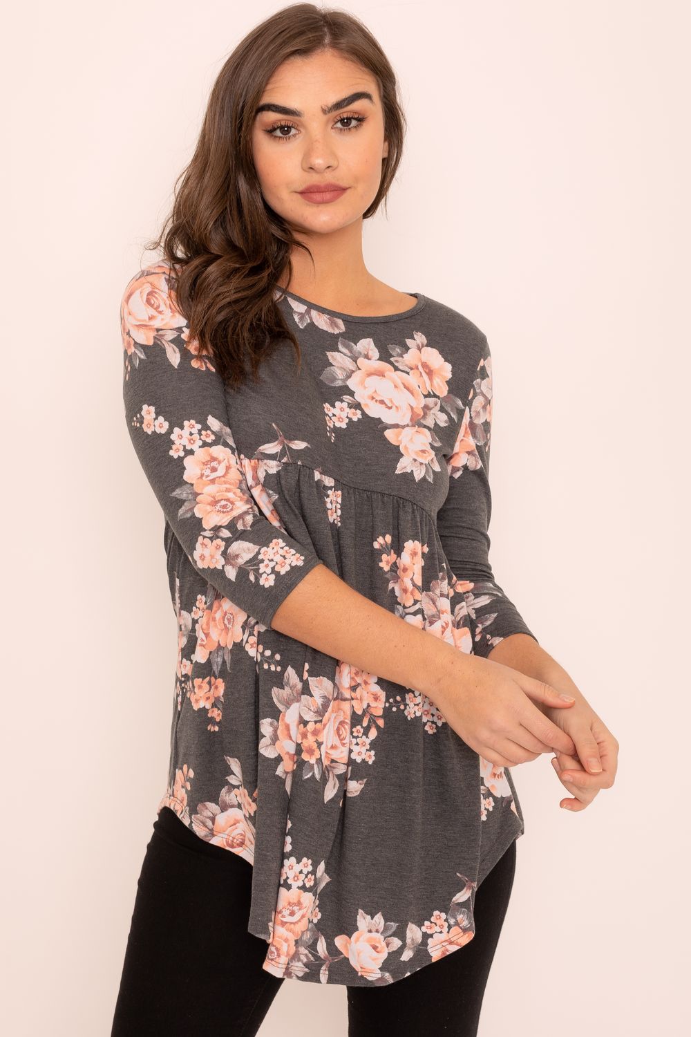 Charcoal Floral Babydoll 3/4 Sleeve Tunic_Plus – éloges