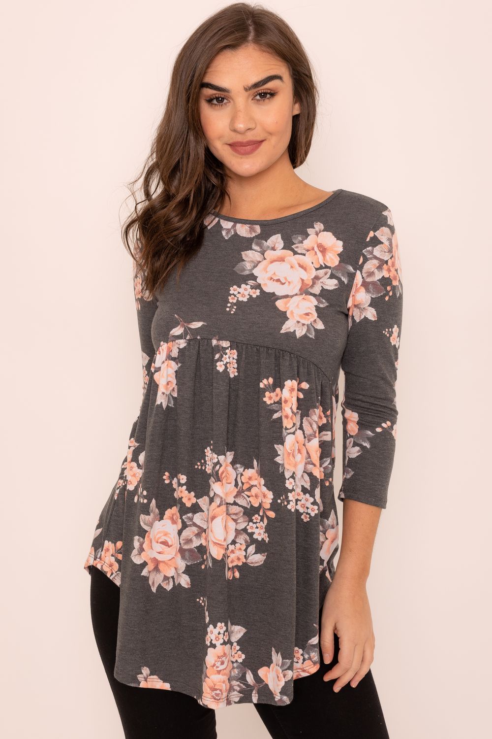 Charcoal Floral Babydoll 3/4 Sleeve Tunic_Plus – éloges